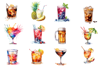 Watercolor cocktail drinks set on white background. Watercolor painting daily routine objects. Hand drawn colorful Sublimation design,white background