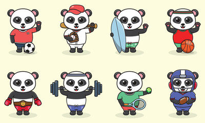 Naklejka premium Set of Panda wearing uniform and using sports equipment. Funny animals doing exercis. Cute cartoon character vector set isolated on a white background. Cartoon animal sport. Panda cartoon. 