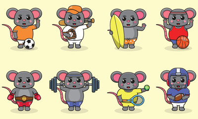 Set of Mouse wearing uniform and using sports equipment. Funny animals doing exercis. Cute cartoon character vector set isolated on a white background. Cartoon animal sport. Mouse cartoon. 