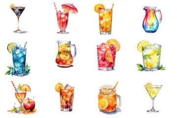 Watercolor cocktail drinks set on white background. Watercolor painting daily routine objects. Hand drawn colorful Sublimation design,white background