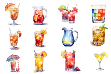 Watercolor cocktail drinks set on white background. Watercolor painting daily routine objects. Hand drawn colorful Sublimation design,white background