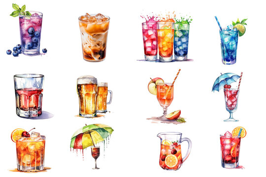 Watercolor cocktail drinks set on white background. Watercolor painting daily routine objects. Hand drawn colorful Sublimation design,white background