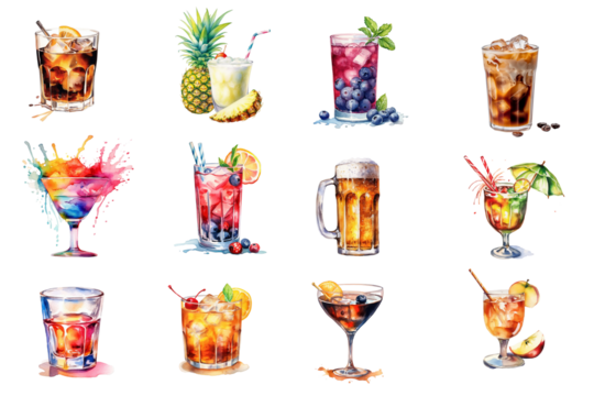 Watercolor cocktail drinks set on white background. Watercolor painting daily routine objects. Hand drawn colorful Sublimation design,white background
