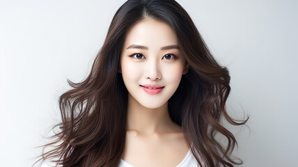 Naklejka premium Portrait of beautiful asian Woman with her smooth skin. White background with copy space. Beauty skincare. 
