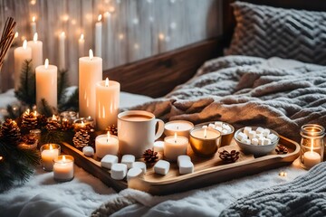 Fototapeta na wymiar Winter homely scene, scandinavian style. Warm knit sweater, candles, cup of sweet cocoa with marshmallows and other decor on tray in bed. Wooden craft letters Welcome Home. Lazy cold