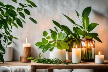 Natural eco home decor with green leaves and burning candle on