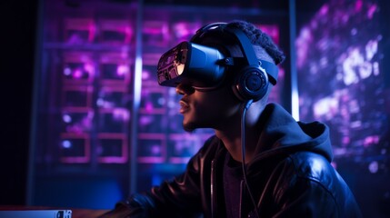 VR, metaverse or futuristic technology, 3d glasses or virtual reality cyberspace for digital innovation in studio. Gaming, online gamer or cyber internet space for creative thinking