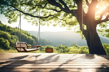 Old wooden terrace with wicker swing hang on the tree with blurry nature background 3d render.