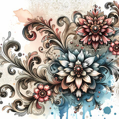A watercolor vector art painting illustrating a repeated flower pattern. This design features ornamental and ornate hand-drawn elements, with drapery