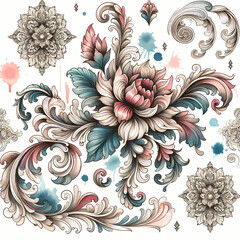 A watercolor vector art painting illustrating a repeated flower pattern. This design features ornamental and ornate hand-drawn elements, with drapery
