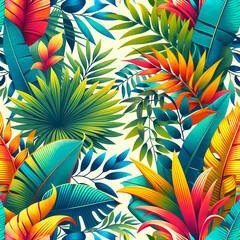 Fototapeta na wymiar A vibrant summer seamless tropical pattern featuring bright leaves and plants set against a light background. The pattern showcases a mix of colorful leaves