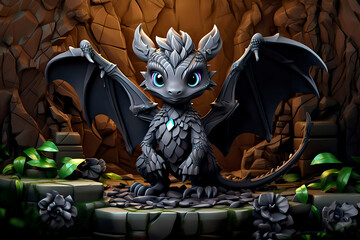 Cute black little baby dragon with big blue eyes. Fantasy monster is sitting on a stone, rock. Small Funny Cartoon character. Fairytale animal. Dark background. Illustration for children. Ai