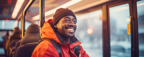 Happy african american man travelling on bus - obrazy, fototapety, plakaty