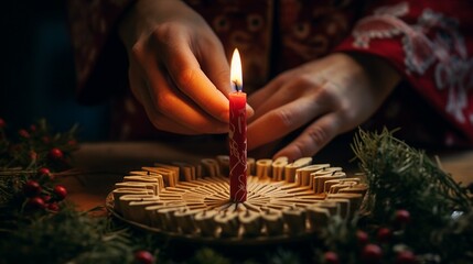 Advent Candle Lighting Ceremony: Close-Up of First Candle Illumination | Festive Season Tradition