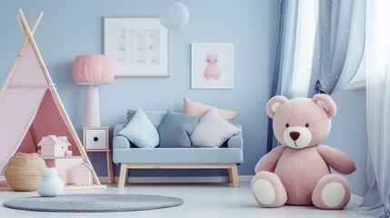 Cozy Bedroom Decorated with Cuddly Stuffed Teddy Bear Toy generated by AI tool 