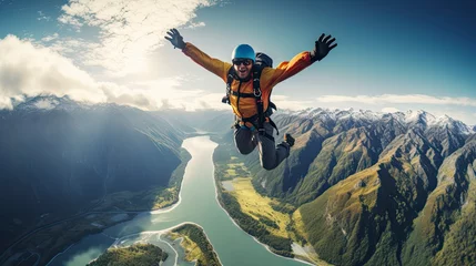 Tuinposter Parachutist, happy jump, beautiful landscape, river © Kùmo