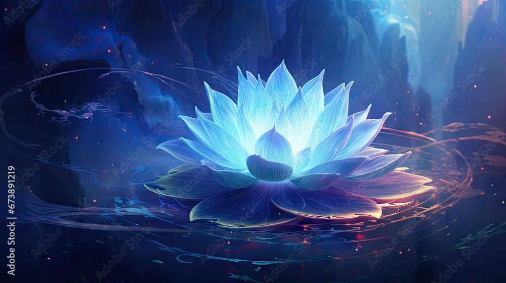 Wall mural a large blue flower floating on top of a body of water next to a blue and purple waterfall of water.