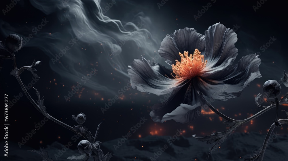 Poster a black and white flower with a red center in the middle of a dark sky with clouds in the background