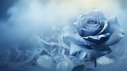  a close up of a blue rose on a blue and white background with smoke coming out of the middle of it.  generative ai