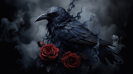  a black bird sitting on top of a red rose next to a black bird with a red rose in it's beak.  generative ai