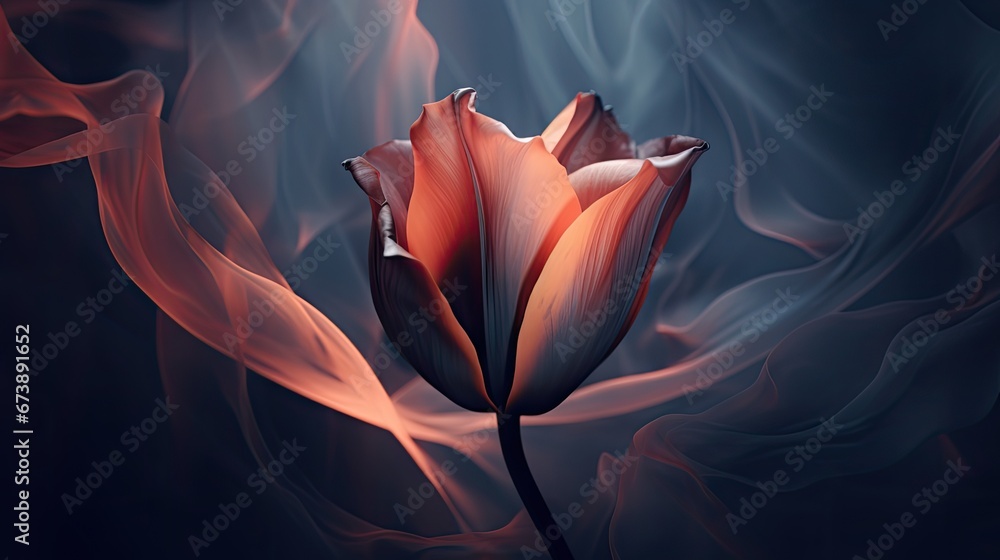 Poster a close up of a flower on a black background with red and blue swirls in the middle of the image. ge