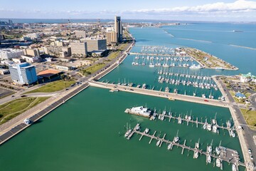 Aerial view of Corpus Christi Downtown Marina surrounded by buildings