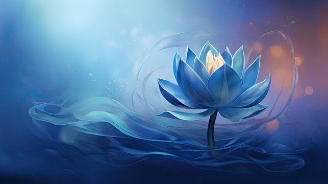  a painting of a blue lotus flower on a blue background with water swirling around it and a light shining on the top of the flower.  generative ai