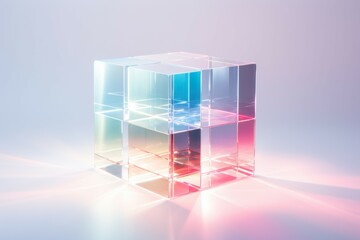 Glass geometric figures prisms with light diffraction of spectrum colors and complex reflection with trendy light on a white background.