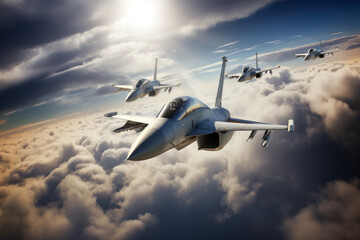 Fighter Jets Flying Formation Cloudy Sky - obrazy, fototapety, plakaty