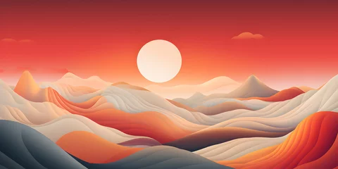 Foto op Plexiglas Minimalist digital landscape of rolling desert dunes under a warm sunset sky, with a large sun hovering over the horizon. © Jan