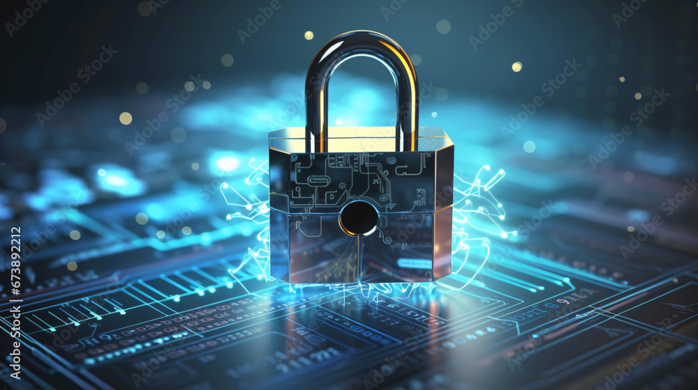 Poster digital cybersecurity, internet security. screen with padlock, network protection. future technology