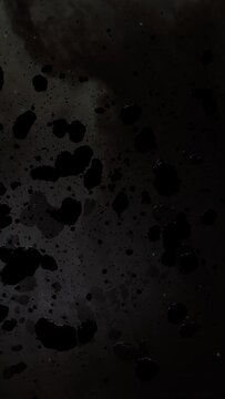Asteroid belt field in dark outer space. 3D animation wide arc tracking shot. Rock formations of cosmic debris and giant Meteorites. Celestial objects on stars background. Dust nebula haze low light.