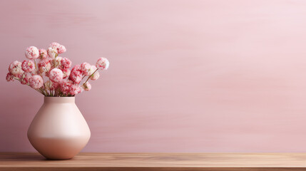 Wooden table with bouquet of flowers in vase on pink background, copy space
