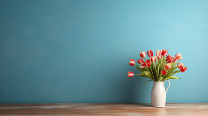 Wooden table with bouquet of flowers in vase on blue background, copy space