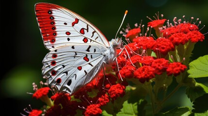  bright red butterflies on green grass. colorful summer background