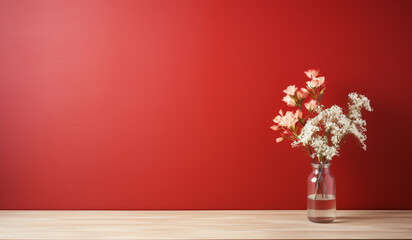 Fototapeta na wymiar Wooden table with bouquet of flowers in vase on red background, copy space
