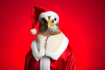 Portrait of a Dove Dressed in a Red Santa Claus Costume in Studio with Colorful Background
