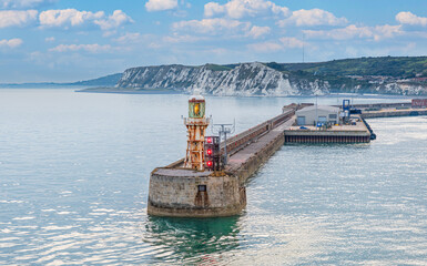 Entrance of harbour with light tower to Dover, Kent, England, Great Britain