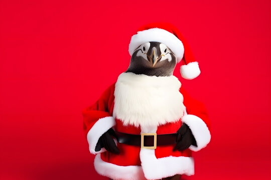 Portrait of a Penguin Dressed in a Red Santa Claus Costume in Studio with Colorful Background