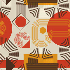 Modern boho minimalist art. Abstract seamless pattern with geometric shapes and zen arch bohemian silhouettes. Design for wall decor, cover, background, card, branding, wallpaper. Vector illustration.