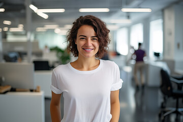 A young white brunette woman with a friendly smile, white teeth, curly hair, and a blank white t-shirt standing against a blurred office background. Mock-up for design. Blank template. - obrazy, fototapety, plakaty