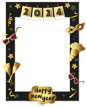 New Year 2024 celebration selfie photo frame black and gold