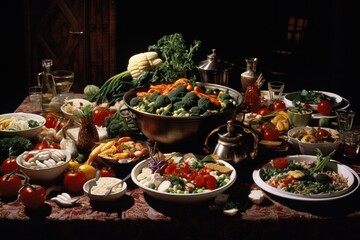 Table with assorted vegetable dishes. Generative AI