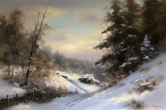 A painting portraying a serene winter landscape covered in snow. Generative AI