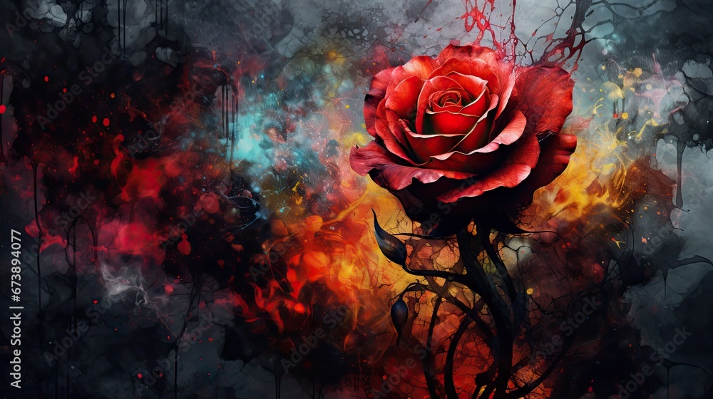Poster a red rose sitting on top of a tree branch in front of a red and black background with lots of smoke