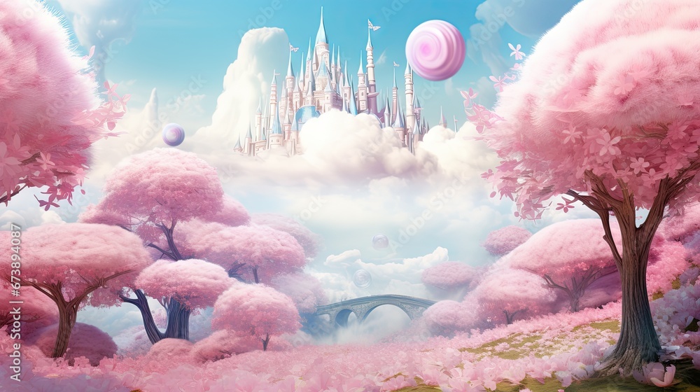 Poster a painting of a castle in the sky with a bridge in the foreground and pink trees in the foreground. 