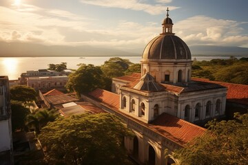 Fototapeta na wymiar View of cathedral in Granada from rooftop, featuring Lake Nicaragua in the background. Generative AI