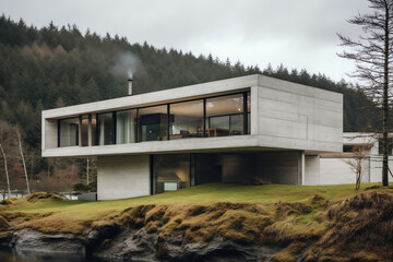 Exterior front view of modern cubic design house in Scandinavian style
