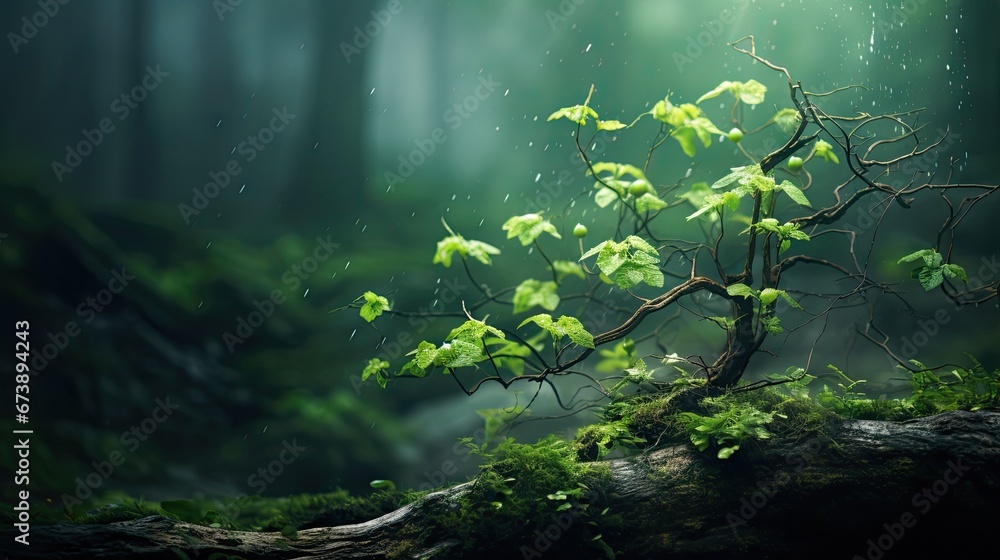 Poster a tree that is growing out of a log in the woods with rain falling down on it and green leaves on it