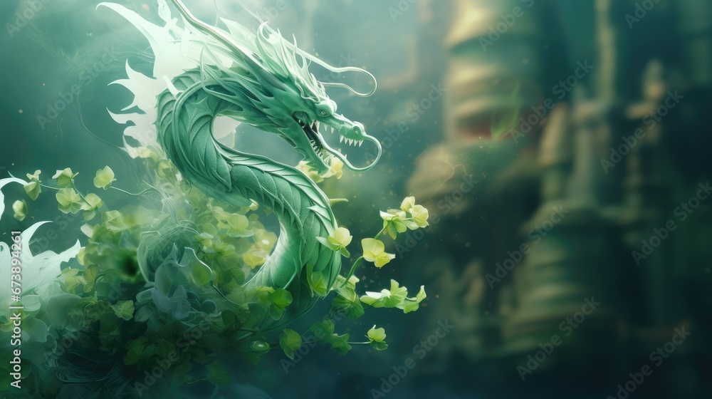 Poster a green dragon sitting on top of a leafy tree next to a tall building with a clock tower in the back